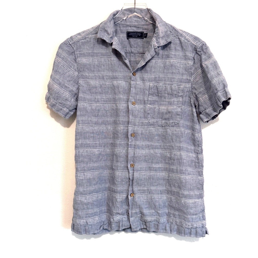Vineyard Vines Men's Short Sleeve Linen Cotton Blue Striped Button-Up Shirt